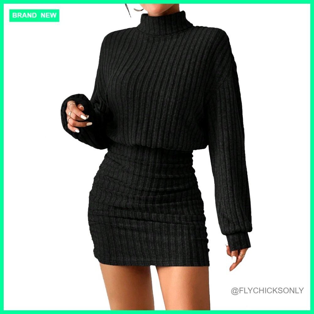 Ribbed Knit Sweater Dress Long Lantern Sleeves Turtleneck Mini Bodycon